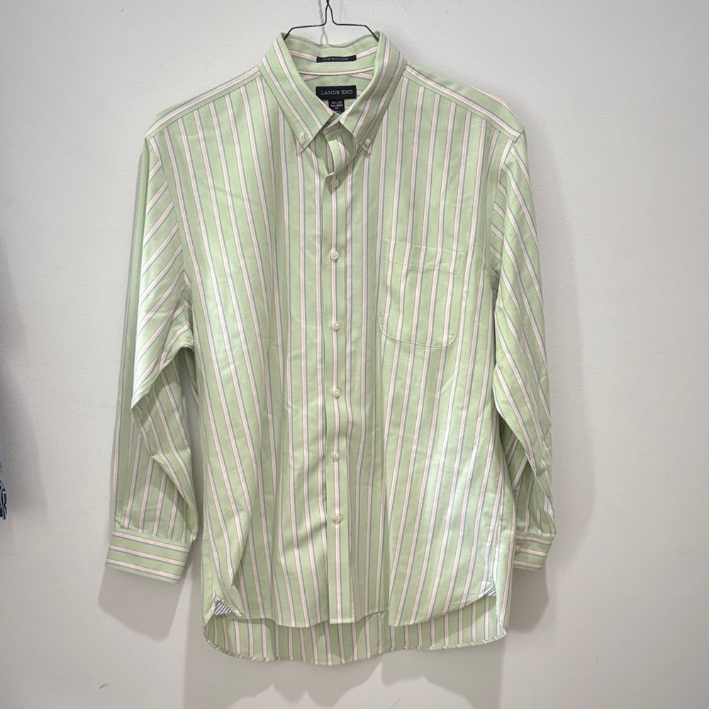 Lands' End Men's Light Green Striped Shirt